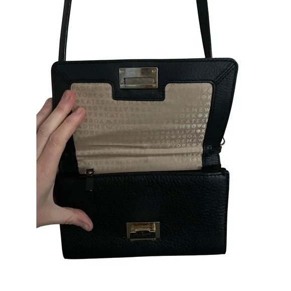 Kate Spade Black Pebbled Leather Crossbody Shoulder Bag Mini Gold Old Money - Picture 4 of 12